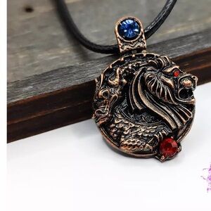 Dragon & Lion Pendant Necklace with Blue and Red Accents